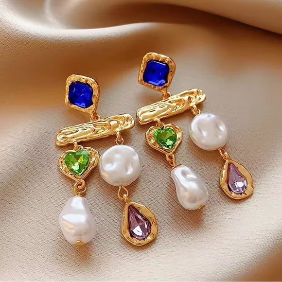 Vintage colourful rhinestone Gold and Gemstone Drop Earrings - Picture 5 of 10